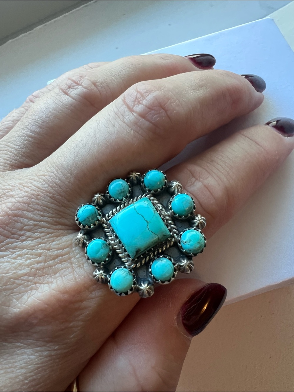 Turquoise Cluster Adjustable Statement Ring - Sterling Silver - NWOT